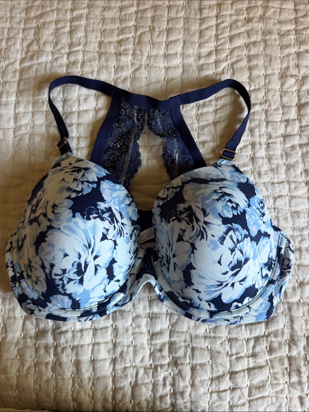 Soma Navy and Light Blue Floral Lace-Back Push-Up Bra